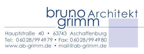 ARCHITEKTURBÜRO GRIMM GmbH

Hauptstra&szlig;e 40
63743 Aschaffenburg

www.ab-grimm.de
mail@ab-grimm.de

Tel.: 06028 / 9949-79
Fax: 06028 / 9949-80 